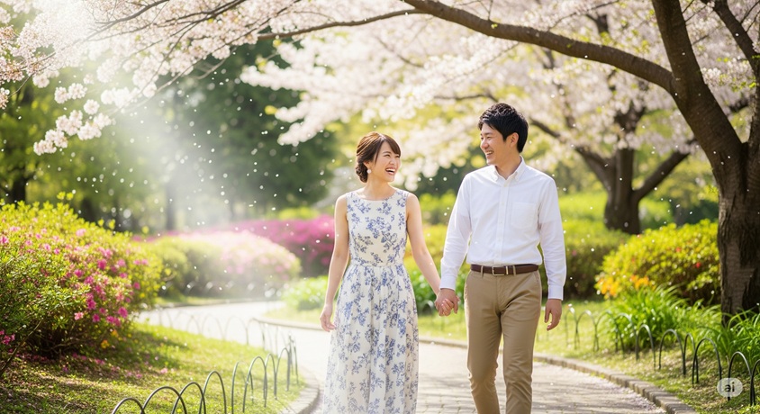桜の花が舞う公園の道を、手をつないで幸せそうに歩く若い日本人夫婦の画像。