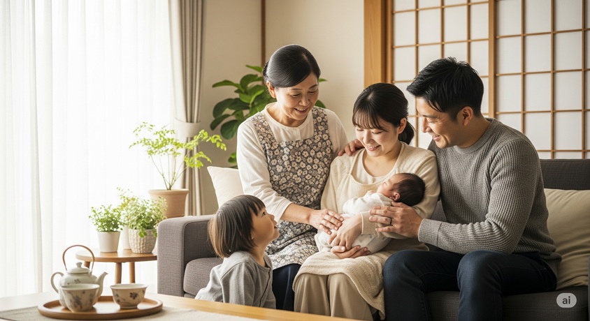 日本の家庭で、祖母が娘夫婦と2人の孫に囲まれ、赤ちゃんを優しく抱っこしている画像。