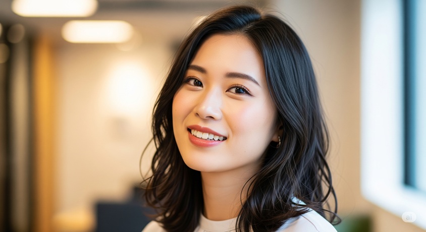 明るいオフィスで、カメラに向かってにこやかに微笑む女性のポートレート