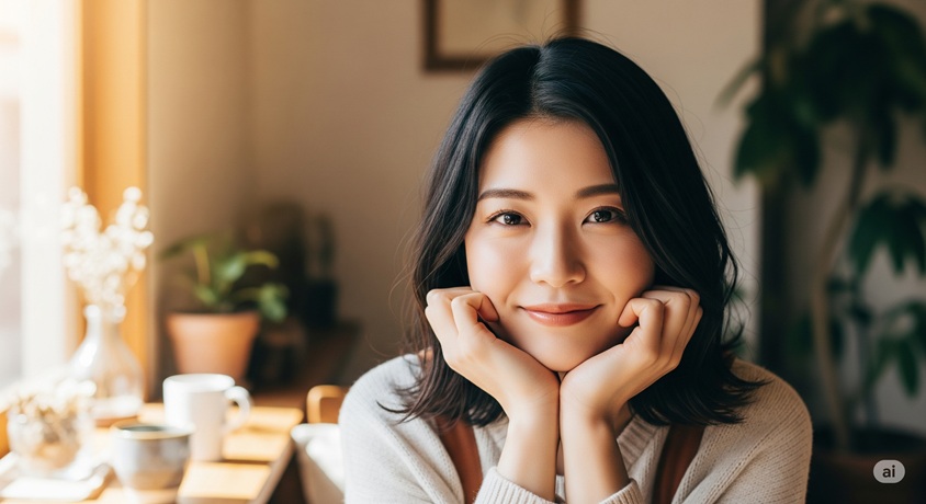 窓から光が差し込む部屋で、両手で頬杖をつきながら笑顔を見せる女性のバストアップ