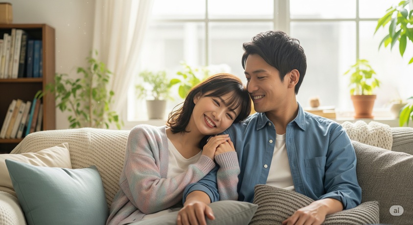リビングのソファで寄り添い、幸せそうに微笑む男女の姿