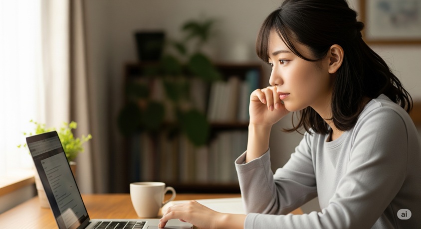 自宅でパソコンに向かい、考え事をしながら作業する女性の横顔
