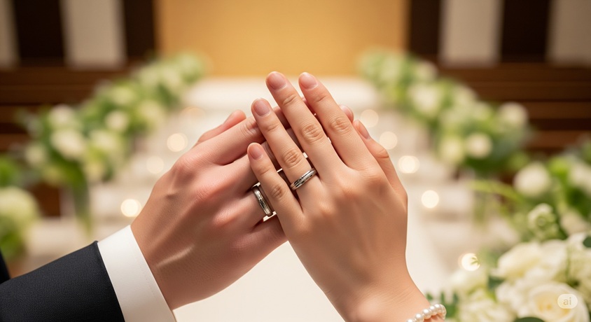 この画像は、結婚式で新郎新婦が指輪を交換している様子を捉えたものです。男性と女性の手元がクローズアップされていて、男性が女性の薬指に指輪をはめている場面ですね。