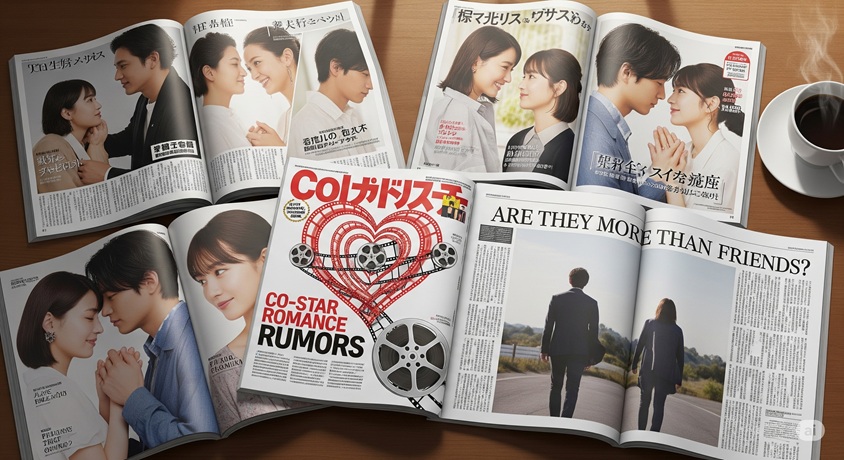複数の雑誌や新聞が机に広げられている画像です。俳優の熱愛や共演者との噂を報じる記事が見受けられ、ゴシップやエンターテイメント情報に関わる内容であると推測されます。