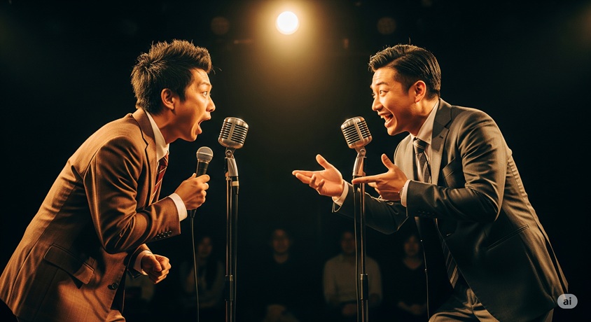 スーツを着た男性芸人二人組が、向かい合ってマイク越しに話している、漫才中の様子"