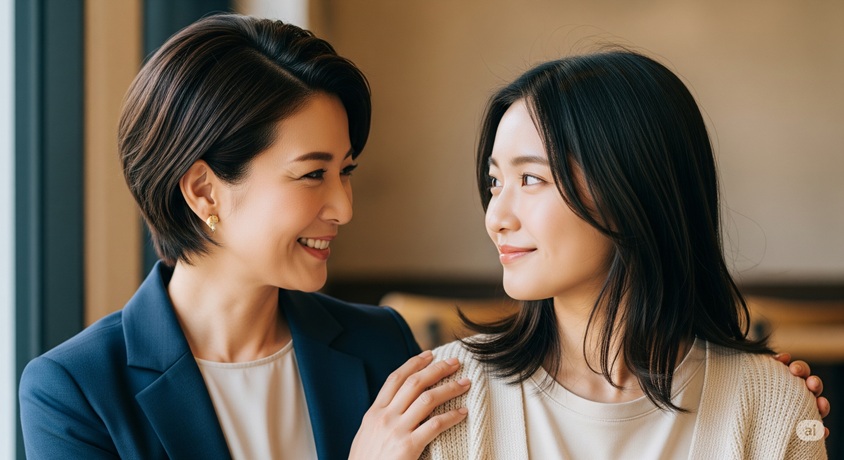 笑顔で若い女性の肩に手を置き、愛情を込めた眼差しで見つめる年配の日本人女性です。若い女性も優しく微笑み返しています。