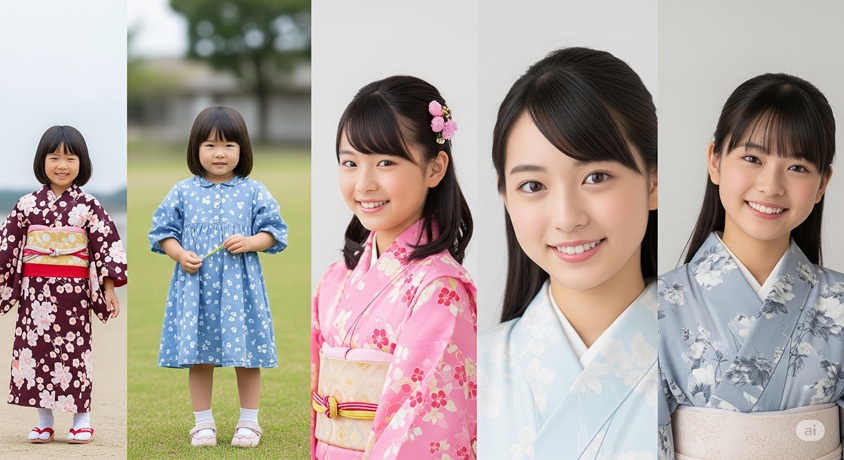 幼少期から成長していく様子を並べた、複数枚の画像のコラージュです。成長の段階ごとに異なる服装をした可愛らしい日本人女性が写っています。