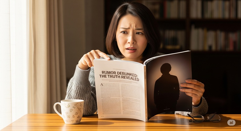 机で雑誌を読みながら、眉をひそめて驚いたような表情を見せる短い髪の日本人女性です。雑誌には「Rumor Debunked: The Truth Revealed」という見出しが書かれています。