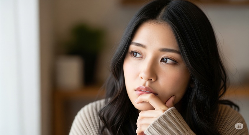 室内で頬に手を当て、思慮深げな表情を浮かべる若い日本人女性の顔のアップです。