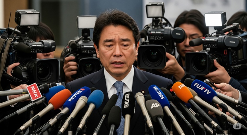 記者会見で話す政治家