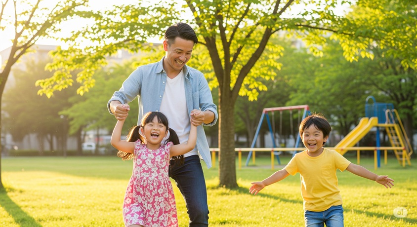 公園で子どもたちと遊ぶ笑顔の父親