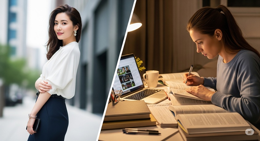 都会の街並みを背景に立つ上品な印象の若い日本人女性。右半分:室内で本に書き込む若い日本人女性