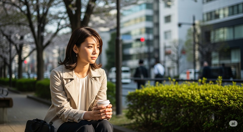 コーヒーカップを持ち、街のベンチで遠くを見つめるコート姿の若い日本人女性。背景は街路樹と建物