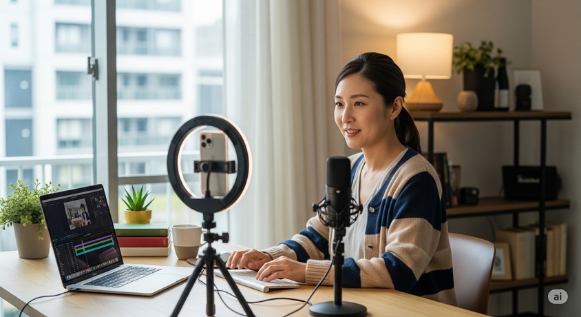 自宅でリングライトの前にスマートフォンを設置し、マイクに向かって話す若い日本人女性。パソコンには動画編集画面