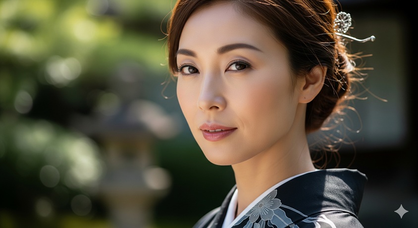 「和服姿で髪を結い、穏やかな表情でこちらを見つめるアジア人女性」