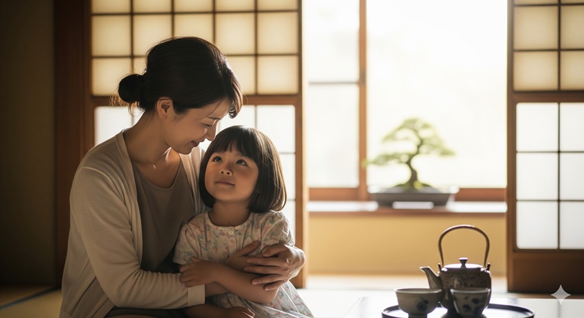 「和室で母親に優しく抱きしめられ、安心した表情で上を見上げる女の子」