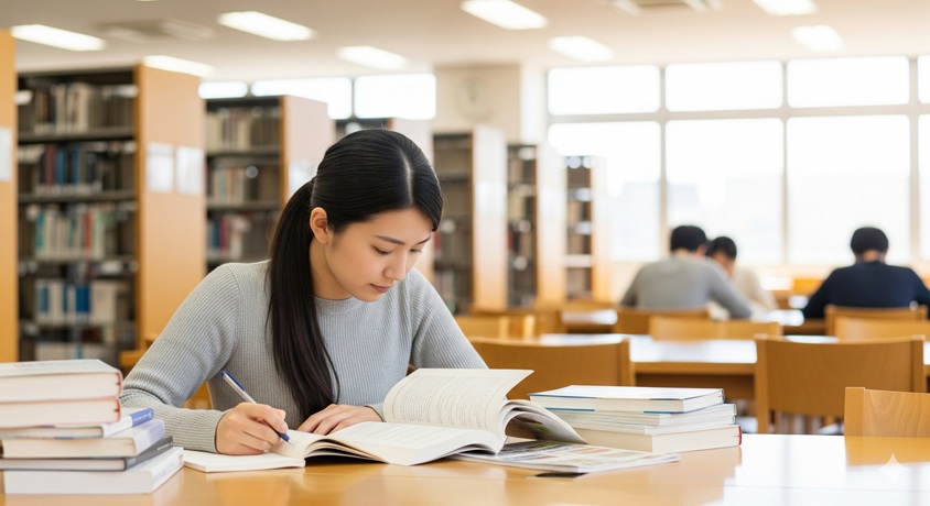 「図書館のテーブルで多くの本に囲まれ、熱心にノートを取りながら勉強する女子大学生」