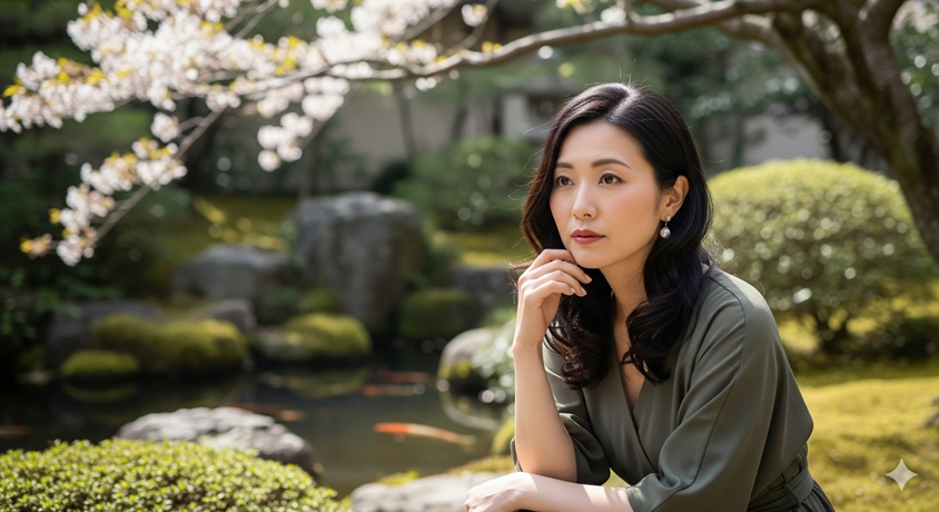 「緑豊かな日本庭園で、桜の木の下に座り、物思いにふける表情の女性」