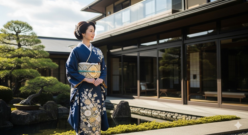 「手入れの行き届いた日本庭園とモダンな邸宅を背景に、美しい着物を着て佇む女性」