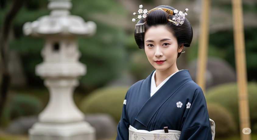 石灯籠のある日本庭園を背景に、美しい和服を着て髪を結い上げた女性が穏やかな表情で立っています。日本の伝統的な美しさが表現されています。
