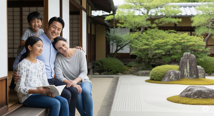 日本家屋の縁側で、4人家族が楽しそうに過ごしている様子の写真です。背景には手入れの行き届いた日本庭園が広がっており、和やかな雰囲気が感じられます。