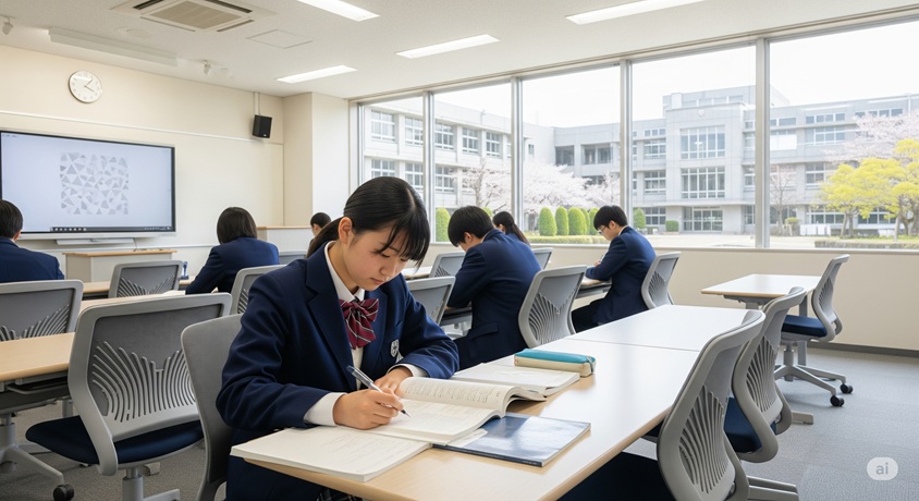 高校の教室で、制服を着た女子生徒が机に向かって熱心に勉強をしています。窓の外には校舎が見え、他の生徒たちも静かに学習に取り組んでいる様子です。