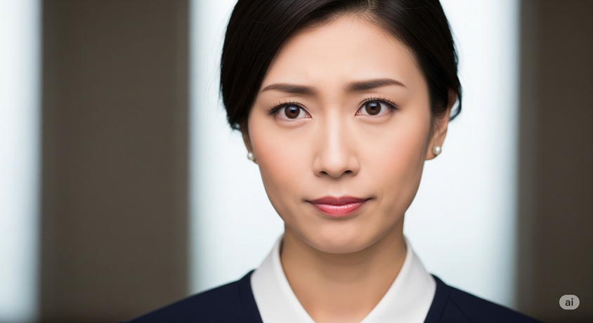 白い襟の付いた服を着た、アジア系の女性の顔のアップです。真剣な表情で、まっすぐ前を見つめています。