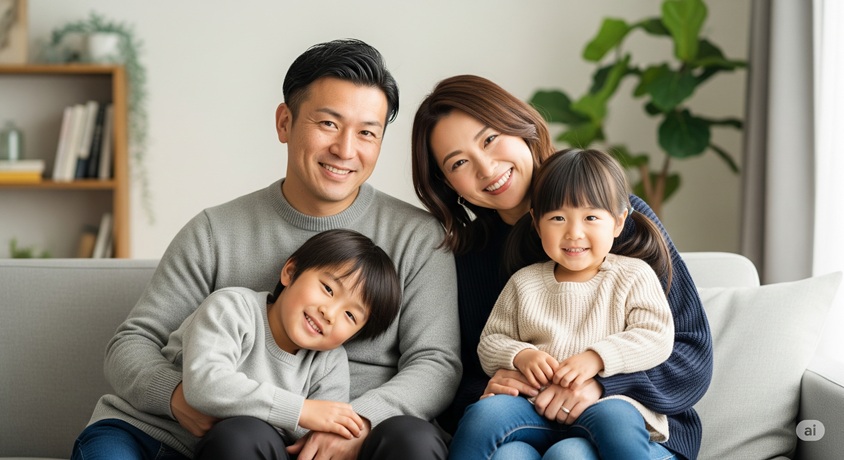 明るいリビングのソファに、父、母、男の子、女の子の4人家族が仲良く座っています。全員がリラックスした笑顔でカメラの方を向いています。