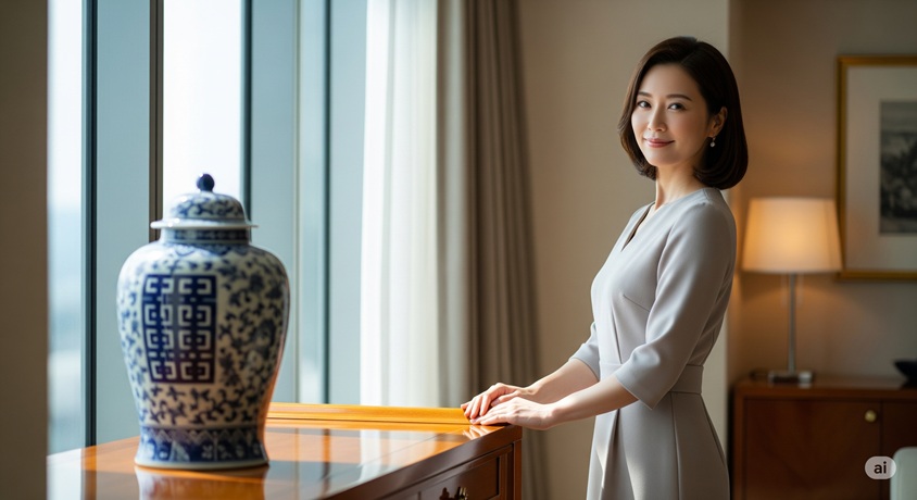 窓から光が差し込む落ち着いた部屋に、上品な服装の女性が立っています。隣の棚には、伝統的な青と白の模様が描かれた美しい磁器の壺が飾られています。