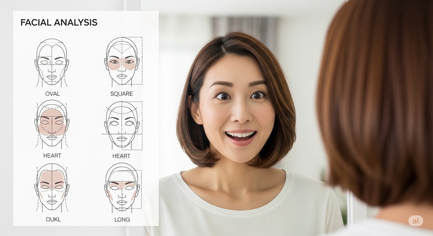鏡に映る自分の顔を見て驚くような表情をする女性