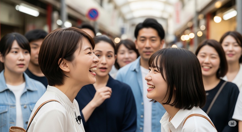 商店街で向き合って笑い合う2人の女性