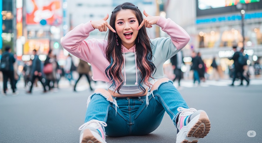 都会の路上に座り、指で目を指してポーズをとる若い女性