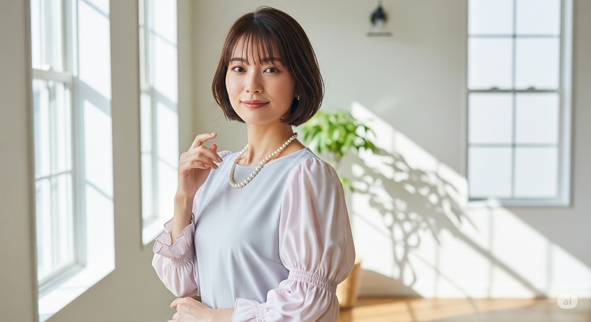 窓からの光が差し込む部屋で微笑む女性