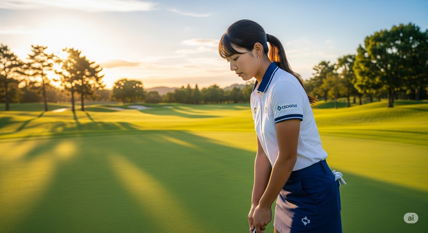 夕暮れのゴルフグリーンで、パッティングの構えをするポニーテールの女性ゴルファー。