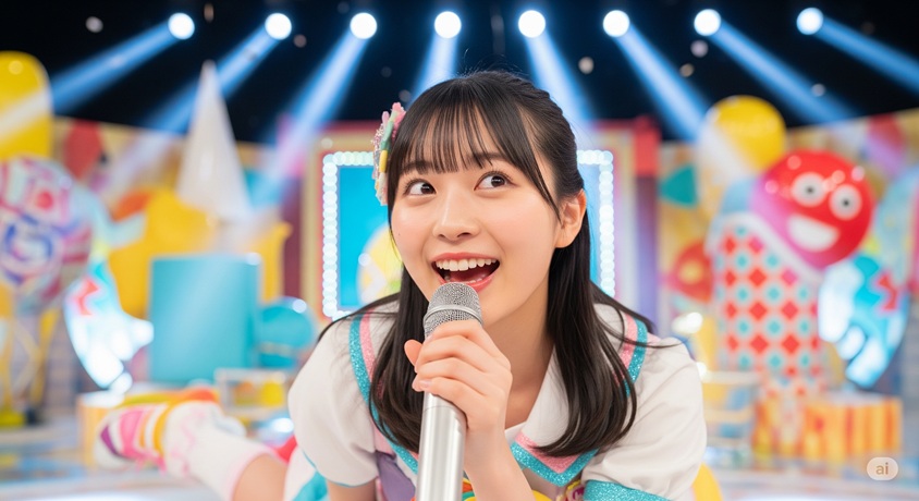 バラエティ番組のようなカラフルなセットで、女性アイドルがマイクを持って歌っている様子です。