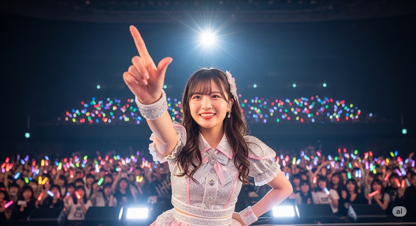 コンサートでステージ上のアイドルが、観客に向かって笑顔で指をさしている様子。