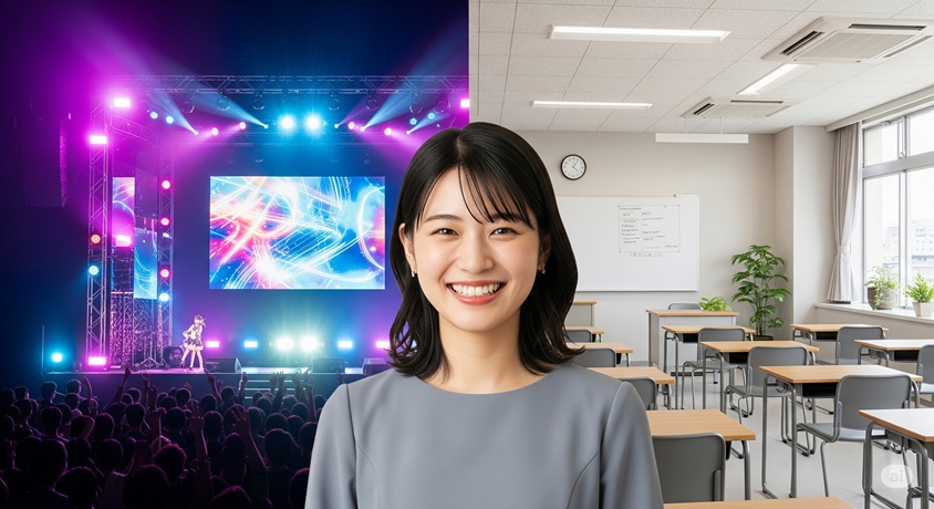 左がライブステージ、右が教室の背景で、中央に女性が笑顔で立っている合成画像です。