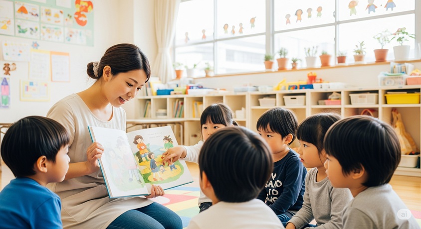 幼稚園の保育室で、女性の先生が園児たちに座って絵本を読み聞かせしている様子。