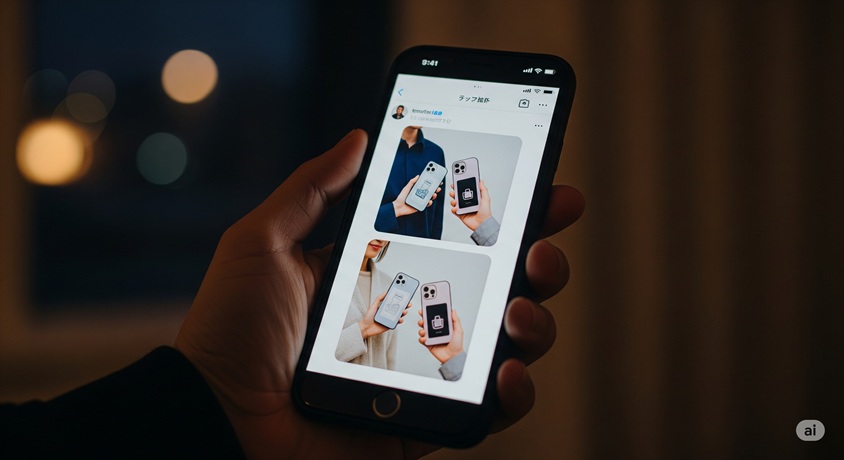 誰かの手元が写っており、そのスマホ画面には複数の芸能人が似たスマホケースを持っていることが示唆されるSNS投稿が表示されています。