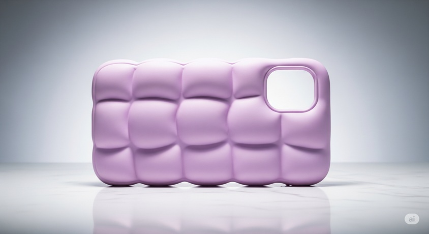白い背景の上で、ピンク色のふっくらとしたスマホケースが際立つように撮影された商品画像です。