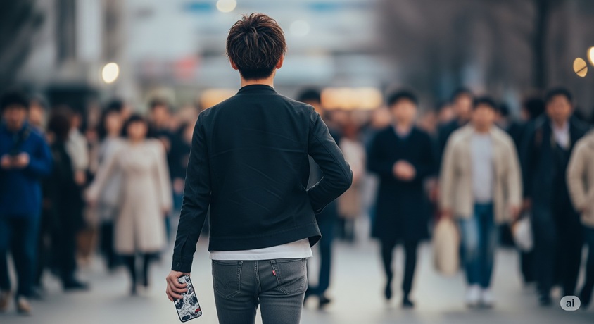 後ろ姿の若い男性が人混みの中を歩いており、手にスマホケースがさりげなく握られています。