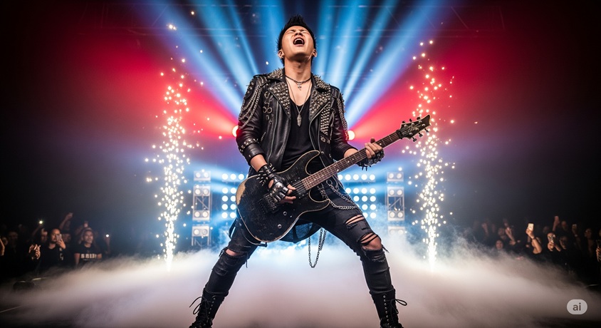 私は最強』のようなパワフルな楽曲を歌う大森元貴さんをイメージした、ライブパフォーマンスの画像です。エッジの効いた衣装やダイナミックな照明が、楽曲の持つ力強さや彼のカリスマ性を表現しています。