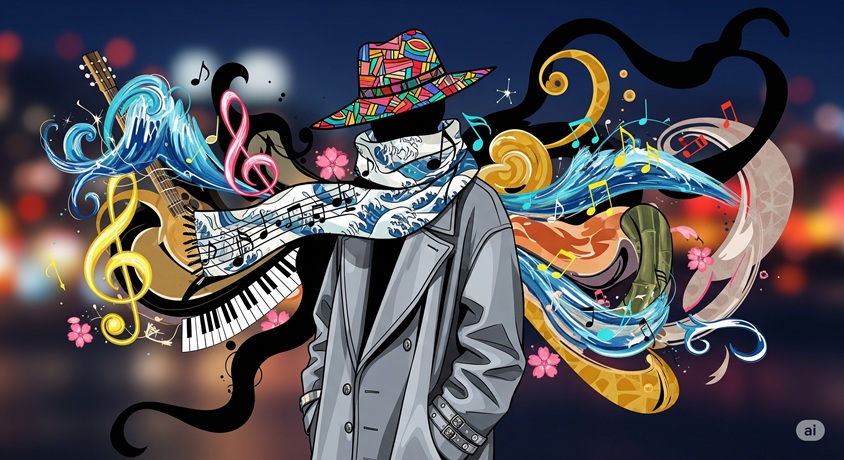 大森元貴さんの魅力全体を抽象的に表現したイラスト画像です。ファッション、音楽、パーソナリティといった彼の多面的な魅力が、色彩豊かで芸術的なイラストで融合されています。