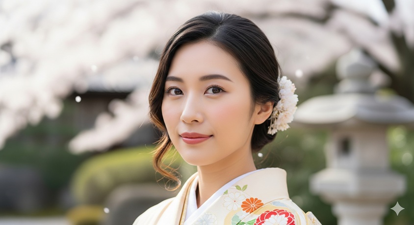 穏やかな表情の若い日本人女性のポートレートです。着物を着ており、桜の木が背景にあります。