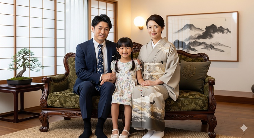 日本の裕福そうな家族のポートレートです。父親はスーツ、母親は着物を着ており、間に座る娘は笑顔でカメラを見ています。