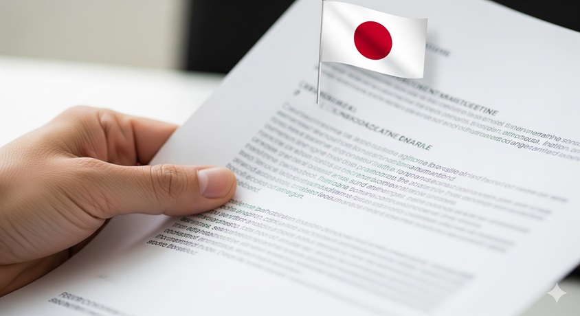 手が日本の国旗が描かれた書類を持っている様子を写したクローズアップ画像です。