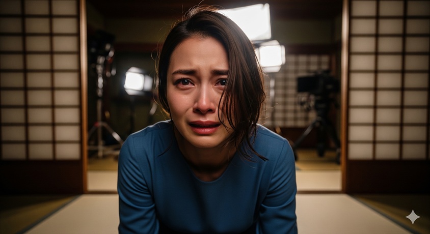 日本の女優が、テレビドラマの撮影セットのような場所で、苦しそうな表情をして泣いているクローズアップ画像です。