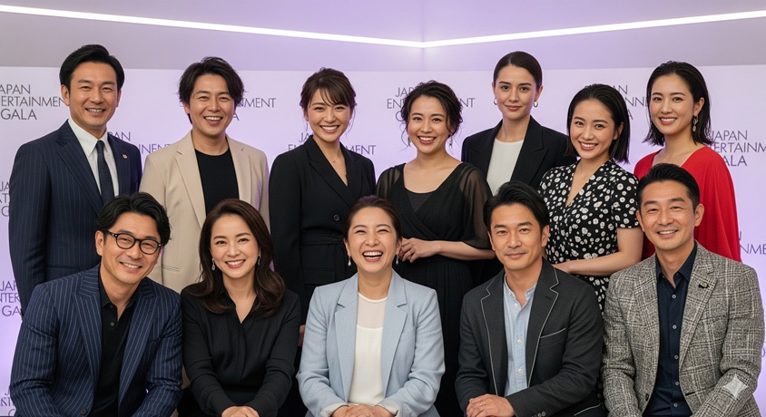 「Japan Entertainment Gala」と書かれたボードを背景に、楽しそうに微笑んでいる複数の日本人芸能人の集合写真です。