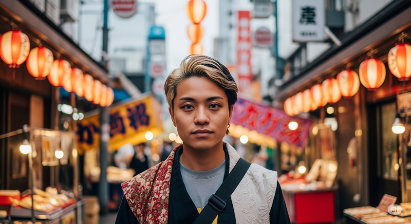 日本の古い商店街のような場所で、カメラに向かって立つ、ハーフと思われる若い男性です。