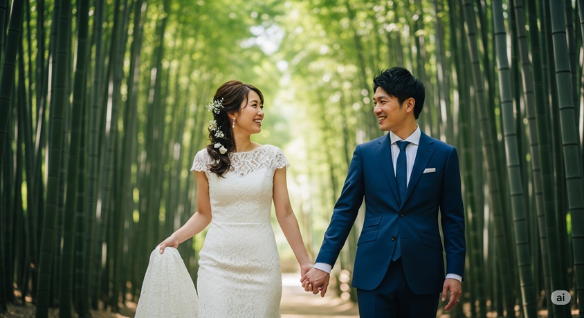 竹林の中で手をつなぎ、笑顔で見つめ合う和装の新郎新婦です。